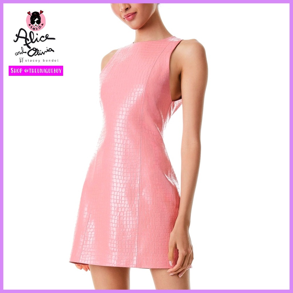 Alice + Olivia Daven Pink Sleeveless Vegan Leather Croc Mini Dress - Picture 3 of 16